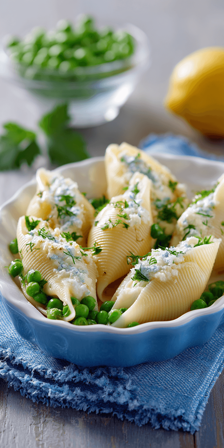 Conchiglioni with ricotta and petits pois served warm with cozy spices