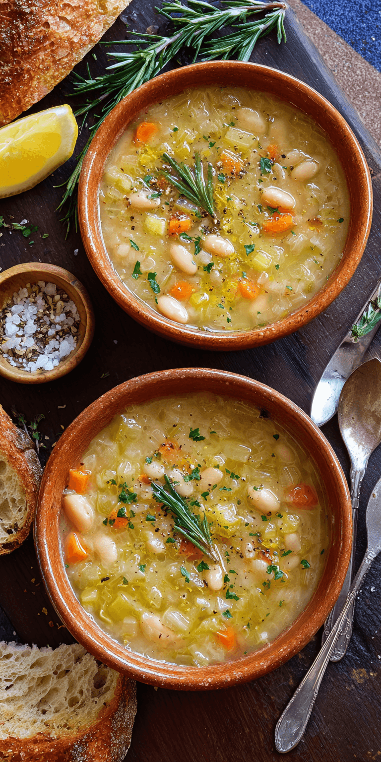Greek White Bean Soup With Garlic & Lemon served warm with cozy spices