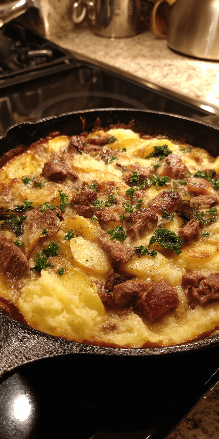 Irish Cast Iron Skillet Corned Beef Colcannon Casserole served warm with cozy spices