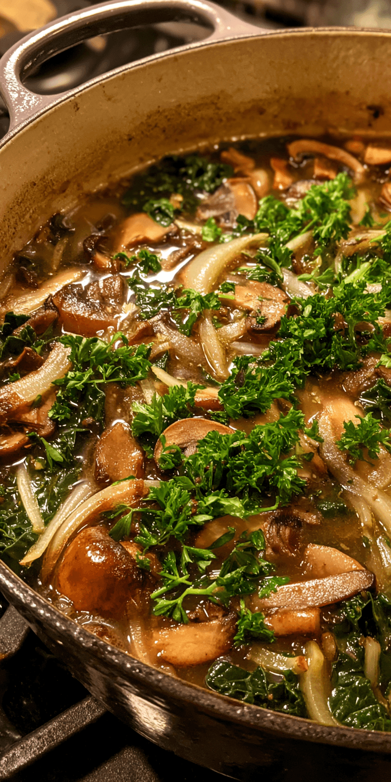 Wild Mushroom, Caramelized Onion and Kale Soup served warm with cozy spices
