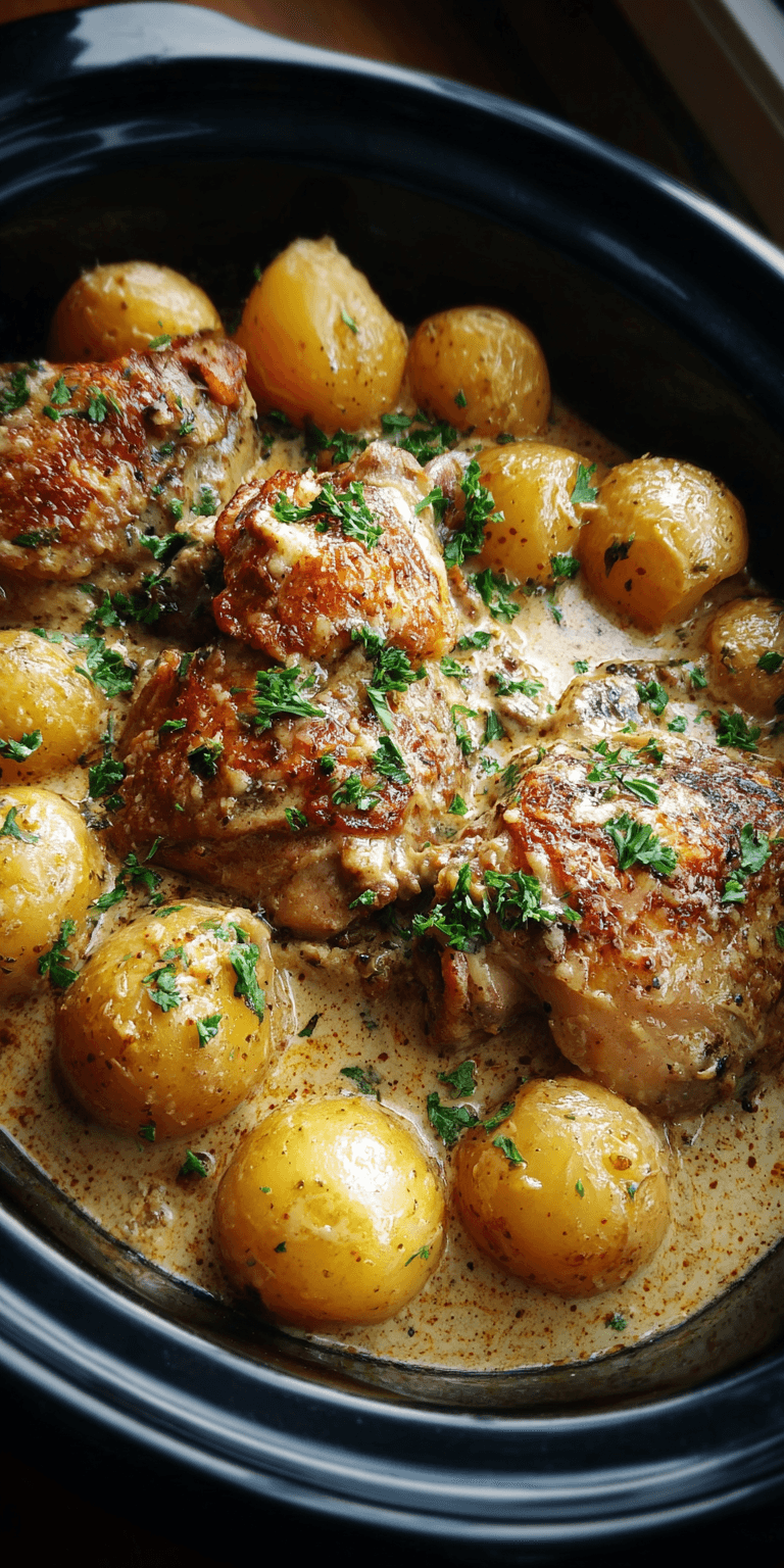 Crockpot Garlic Parmesan Chicken with Potatoes served warm with cozy spices