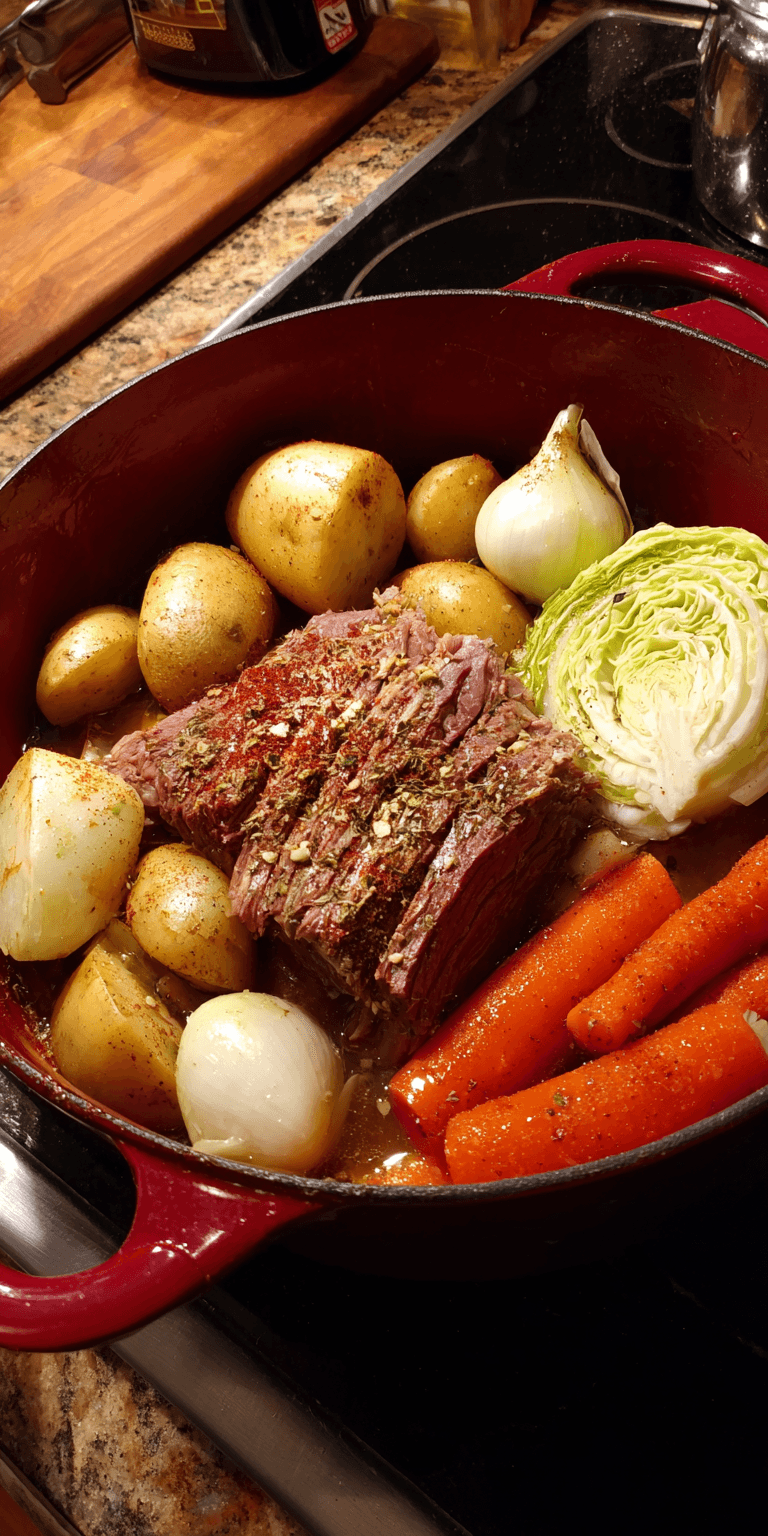 Dutch Oven Corned Beef and Cabbage served warm with cozy spices