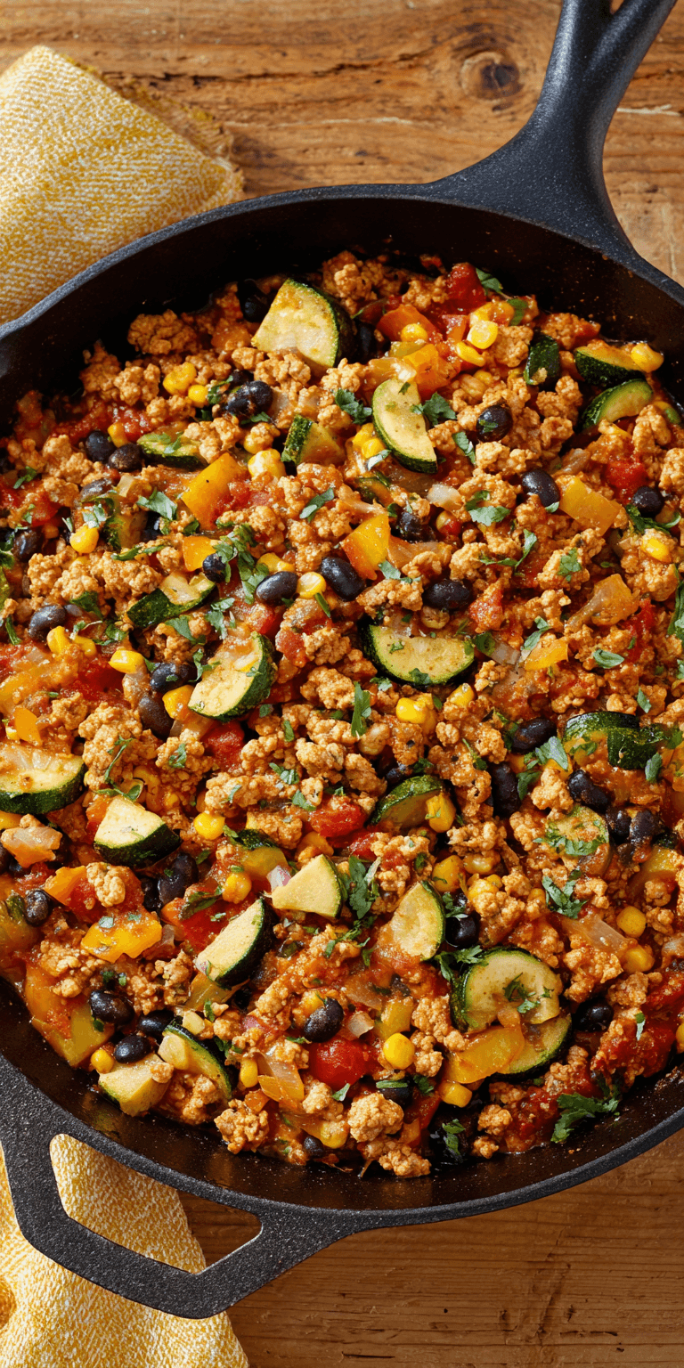 Ground Turkey Skillet with Zucchini, Corn, Black Beans and Tomato served warm with cozy spices