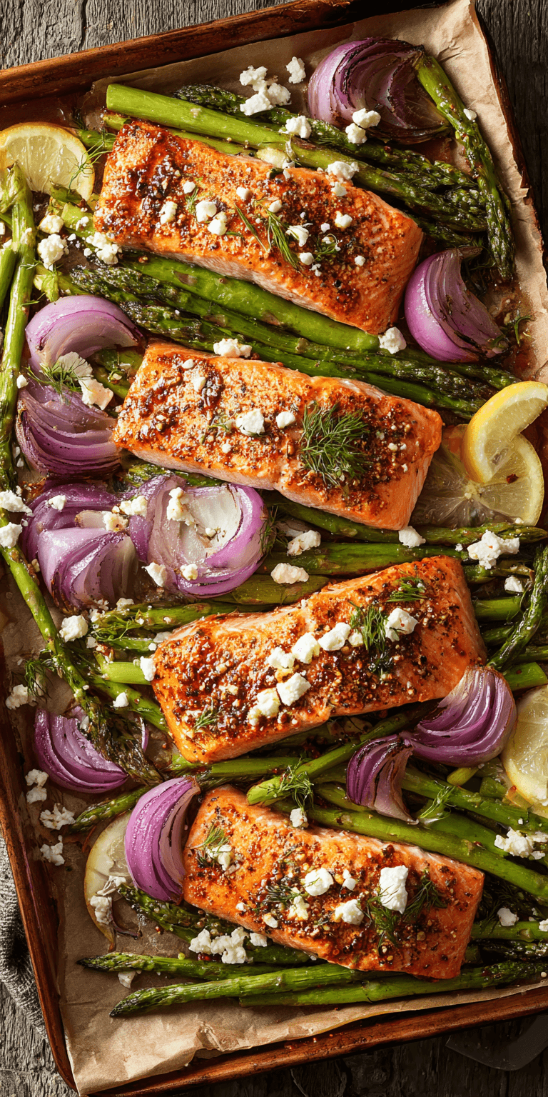 Mediterranean Sheet Pan Salmon with Asparagus & Feta served warm with gentle spices and a cozy aroma