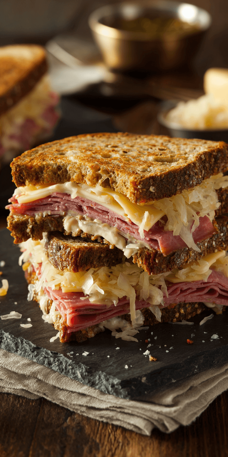 Reuben Sandwich Recipe on Marble Rye served warm with cozy spices