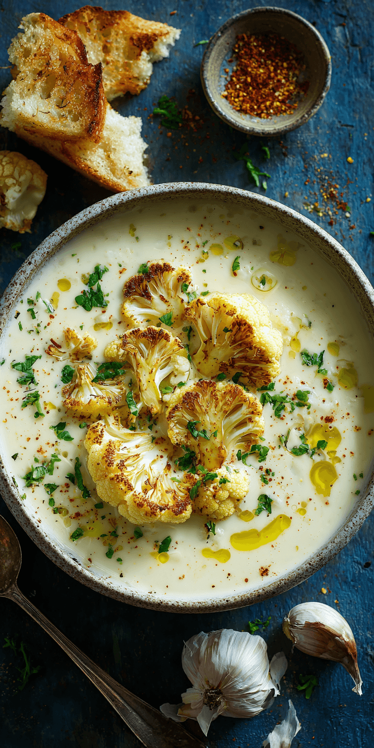 Roasted Cauliflower Soup served warm with gentle spices and a cozy aroma