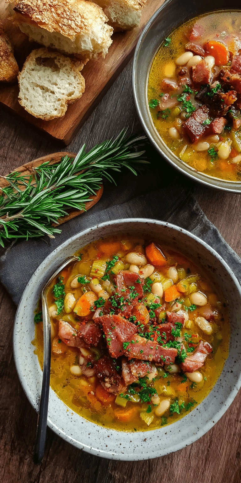 Rustic Rosemary & Garlic White Bean Soup with Crispy Pancetta served warm with cozy spices