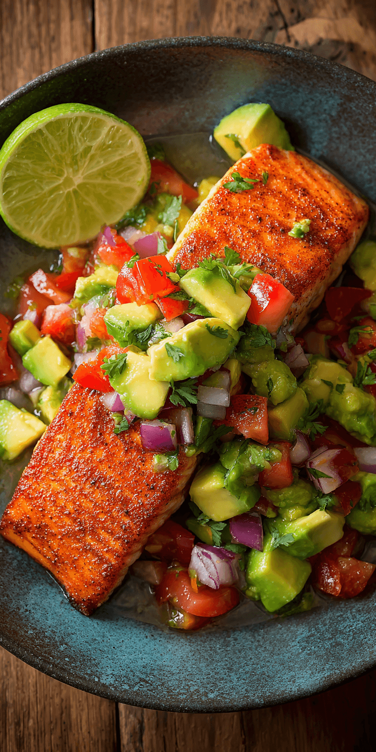 Salmon with Avocado Salsa served warm with cozy spices