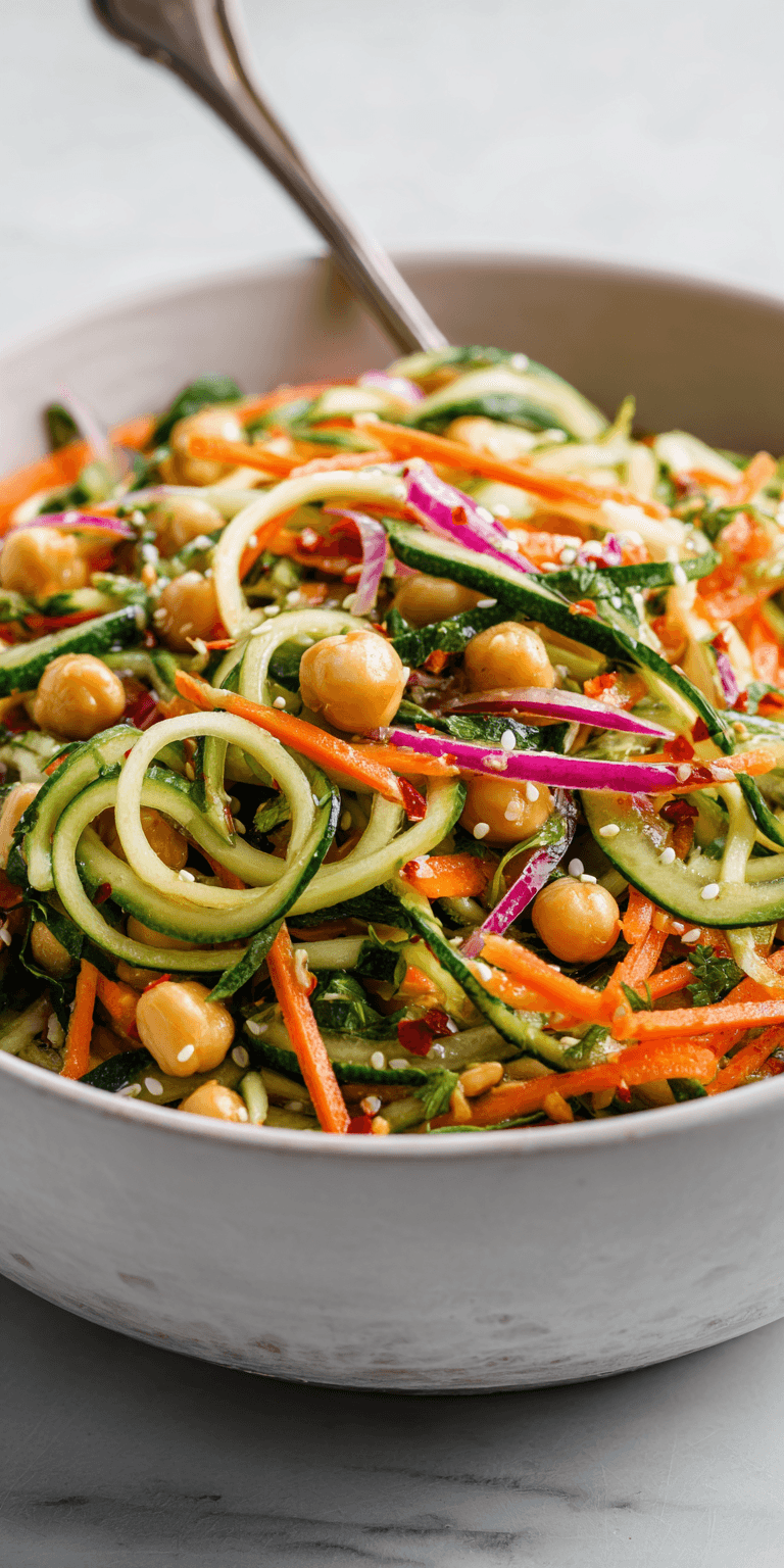 Asian Cucumber and Chickpea Slaw with Sesame Dressing served warm with cozy spices