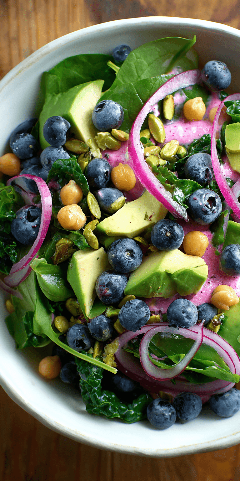 Blueberry Pistachio Spring Salad served warm with cozy spices
