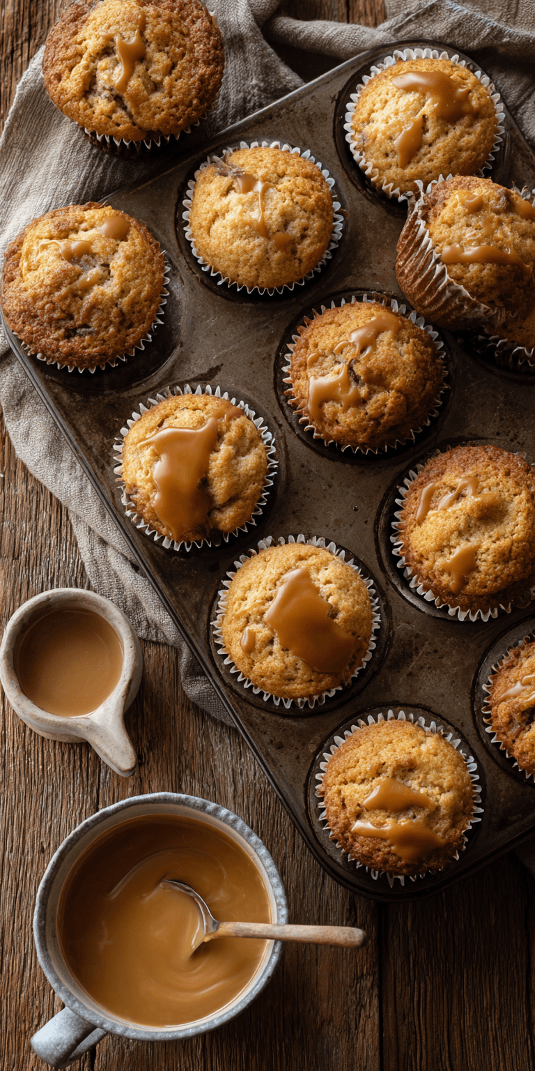 Caramel Swirl Banana Muffins served warm with cozy spices