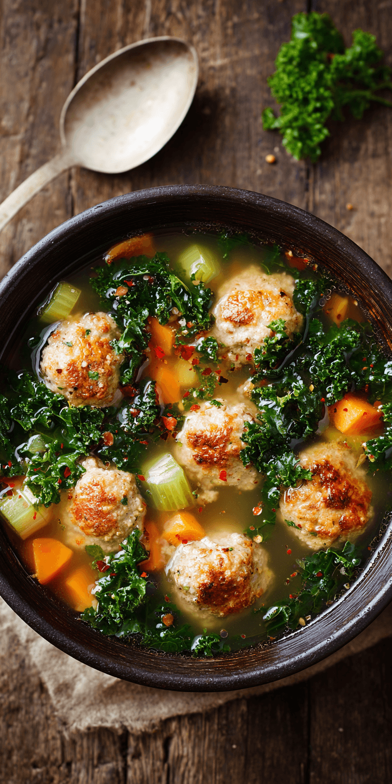 Chicken Meatball & Kale Soup served warm with cozy spices