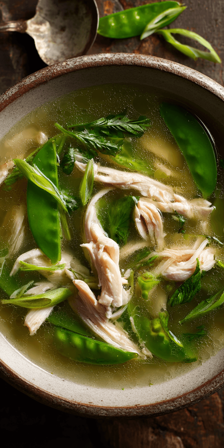 Clear Broth Chicken & Snap Pea Soup served warm with cozy spices