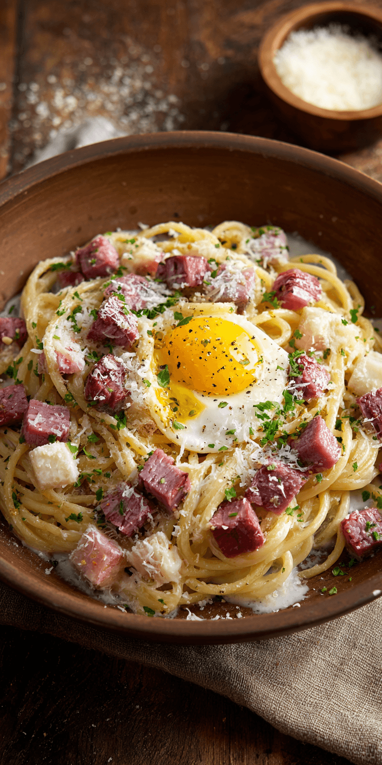 Corned Beef Carbonara served warm with cozy spices