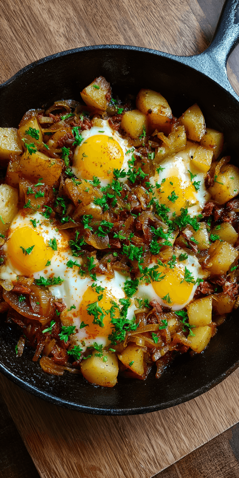 Corned Beef Hash with Caramelized Onions served warm with cozy spices