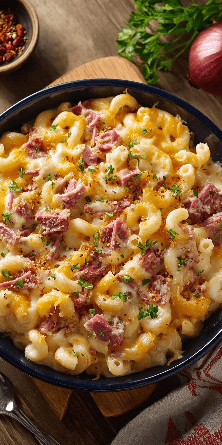 Corned Beef Mac and Cheese served warm with gentle spices and a cozy aroma