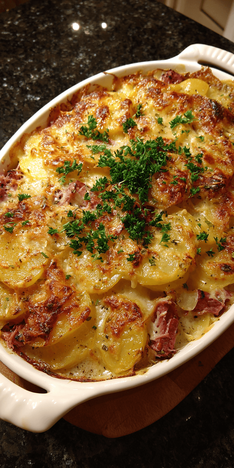 Corned Beef & Potato Au Gratin served warm with cozy spices
