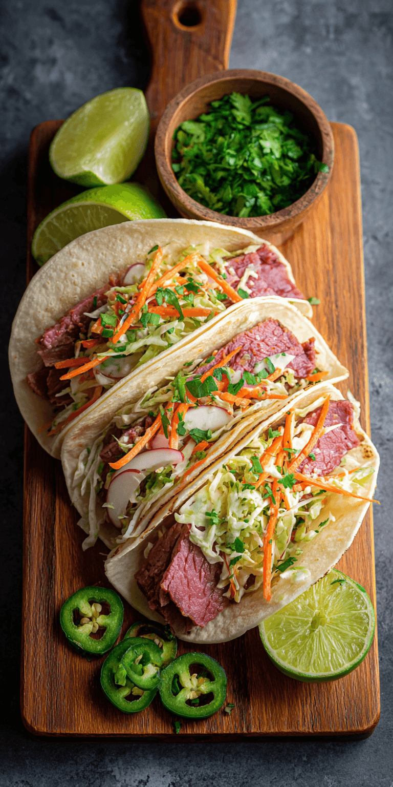Corned Beef Tacos with Lime Slaw served warm with cozy spices