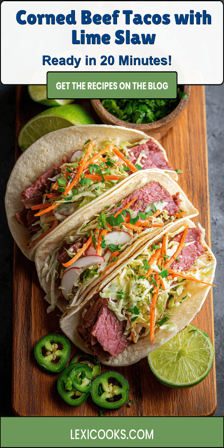Corned Beef Tacos with Lime Slaw served warm with cozy spices