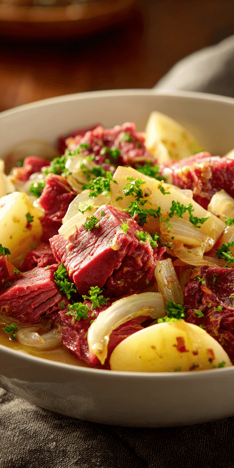 Corned Beef with Apple & Onion Braise served warm with gentle spices and a cozy aroma