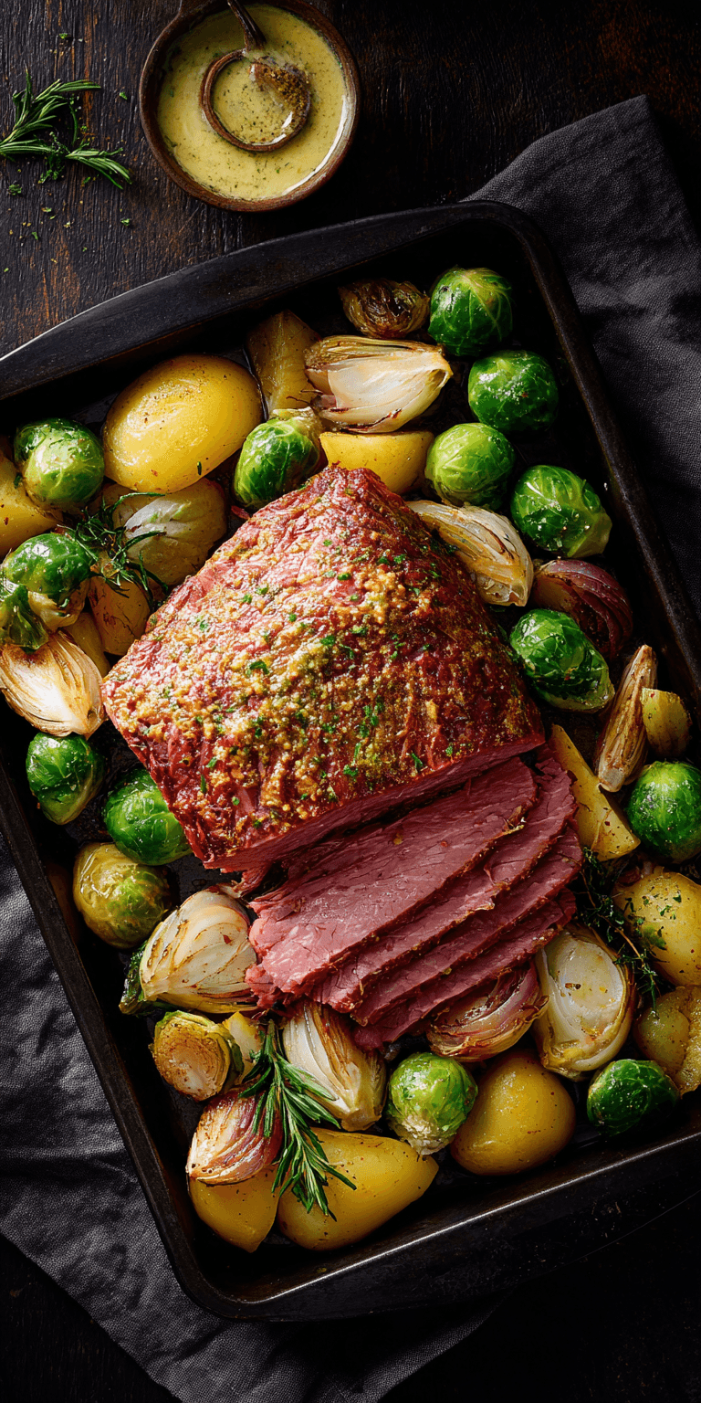 Corned Beef with Roasted Brussels Sprouts served warm with cozy spices