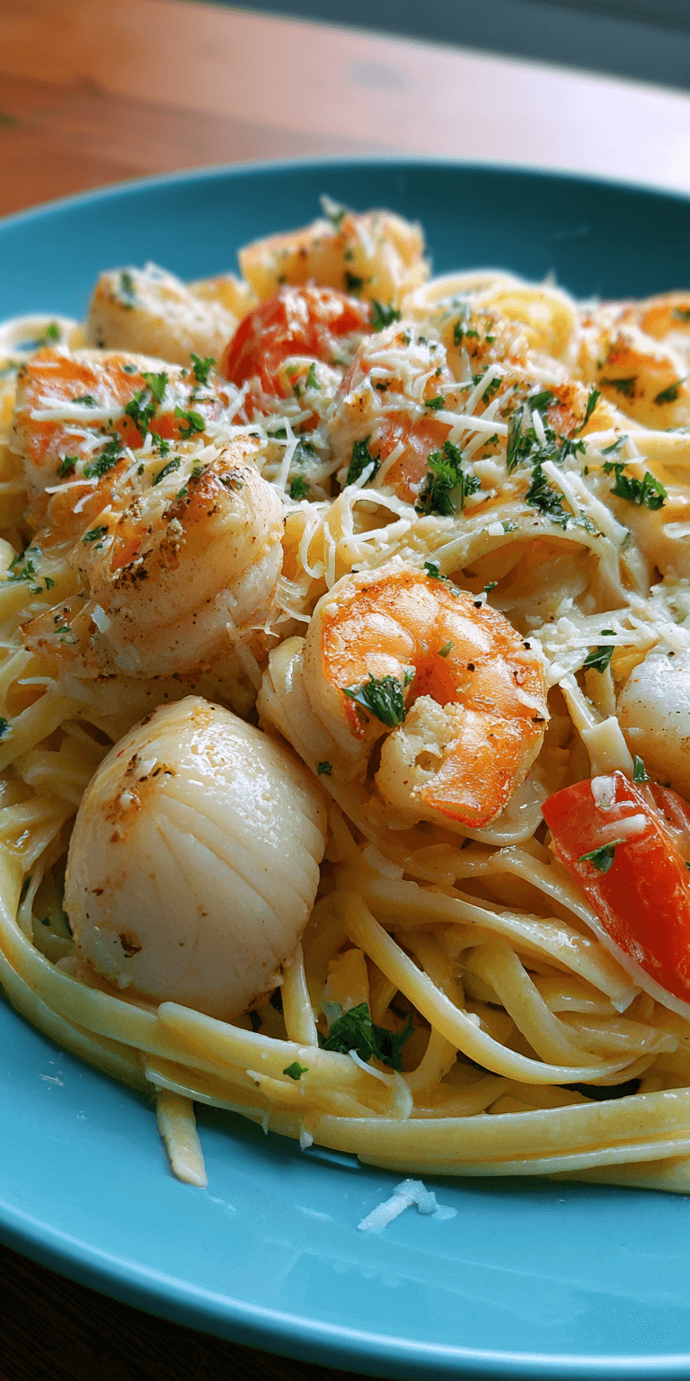 Creamy Alfredo Seafood Pasta served warm with cozy spices