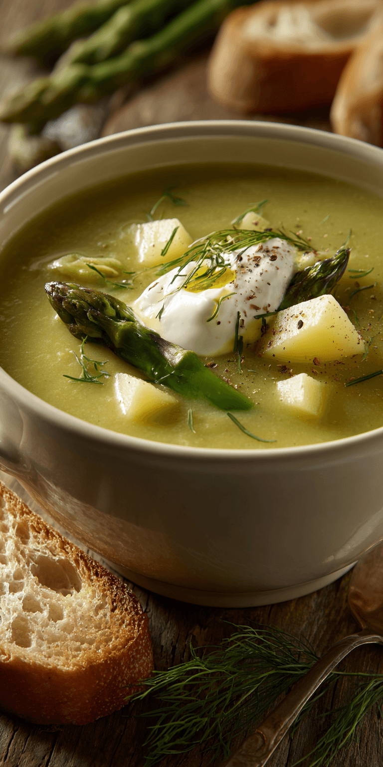 Creamy Asparagus & Potato Soup served warm with gentle spices and a cozy aroma