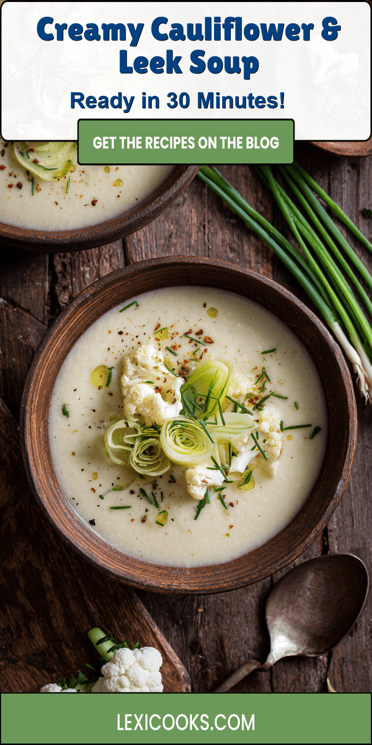 Creamy Cauliflower & Leek Soup served warm with gentle spices and a cozy aroma