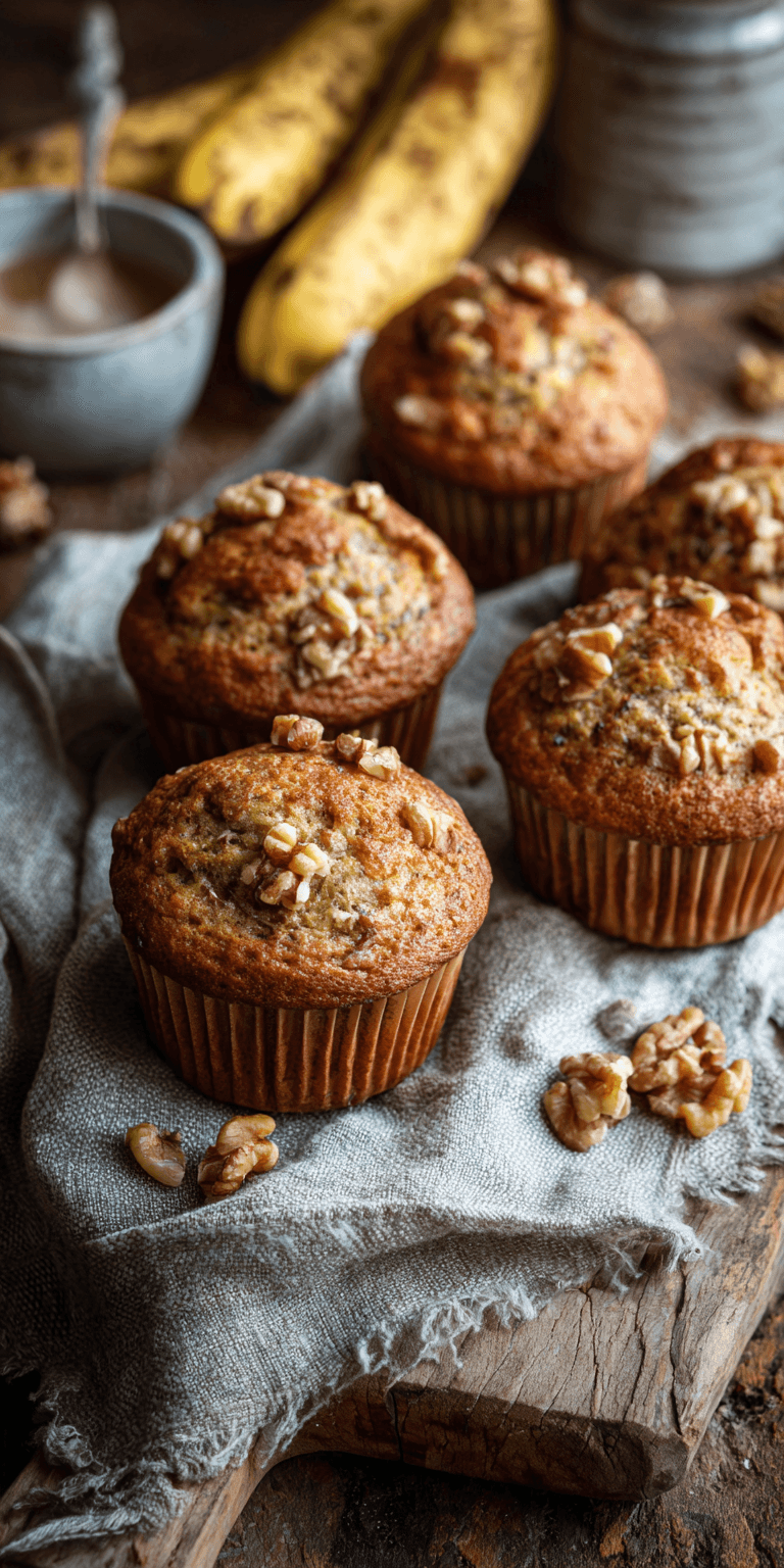 Crunchy Walnut Banana Nut Muffins served warm with cozy spices