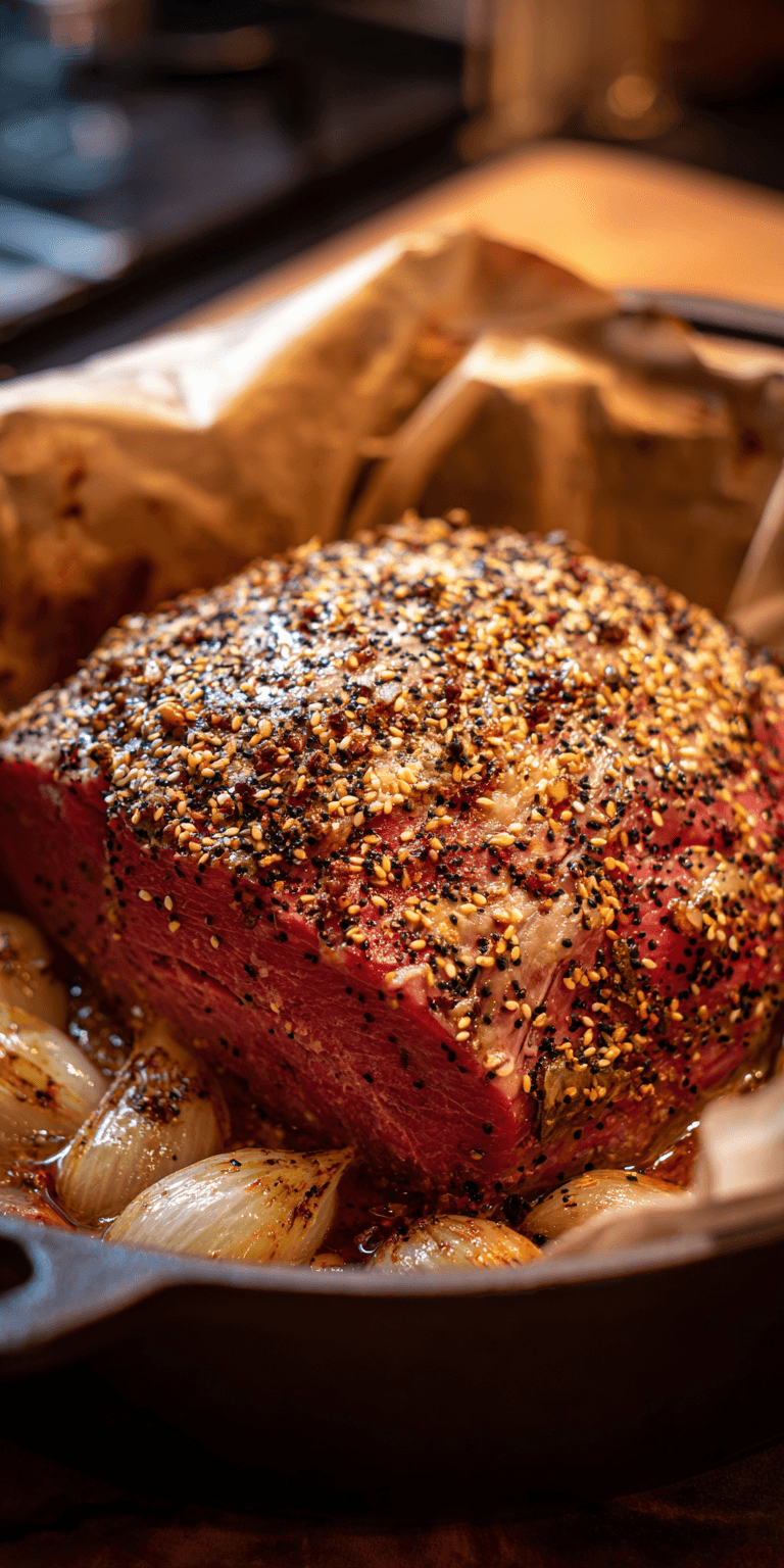 Everything Bagel Seasoned Corned Beef served warm with cozy spices