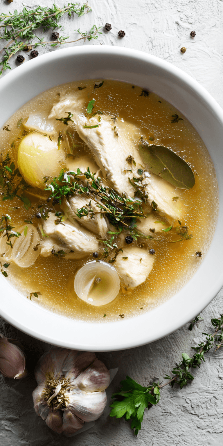 Garlic Broth Soup with Poached Chicken served warm with cozy spices