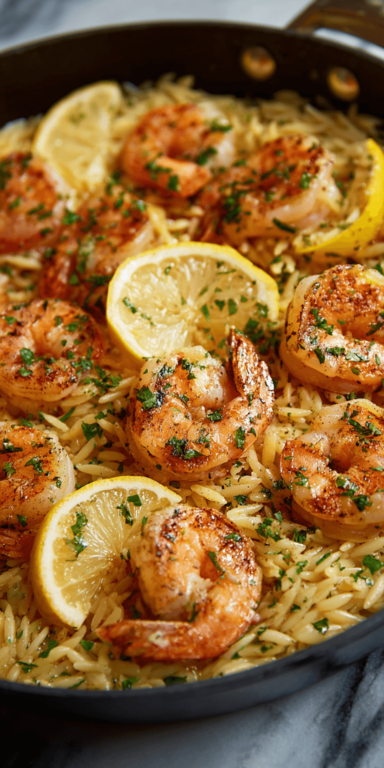 Garlic Butter Shrimp & Orzo served warm with cozy spices