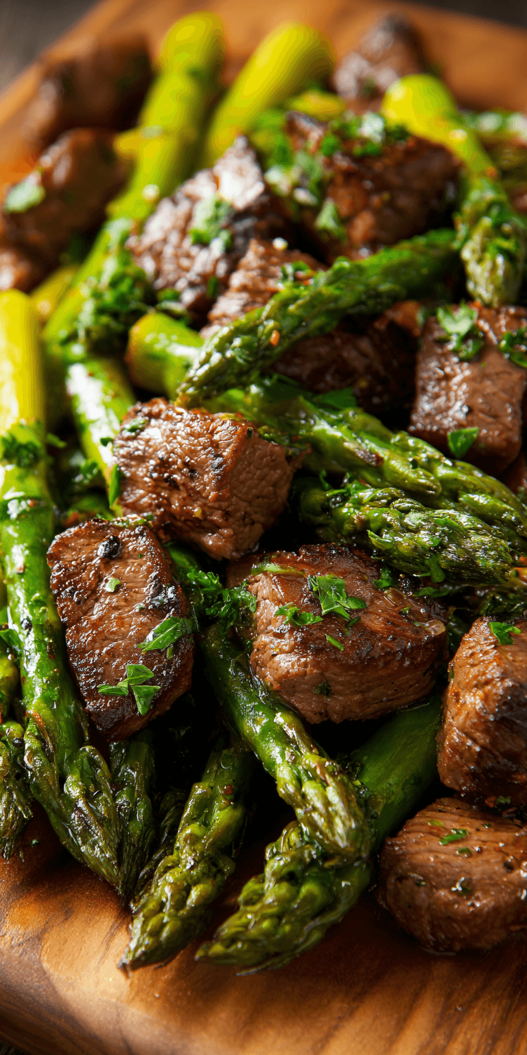 Garlic Butter Steak Bites with Asparagus served warm with cozy spices