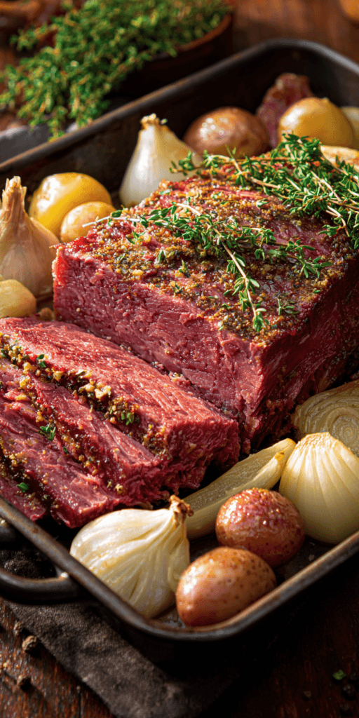 Garlic & Thyme Roast Corned Beef served warm with cozy spices