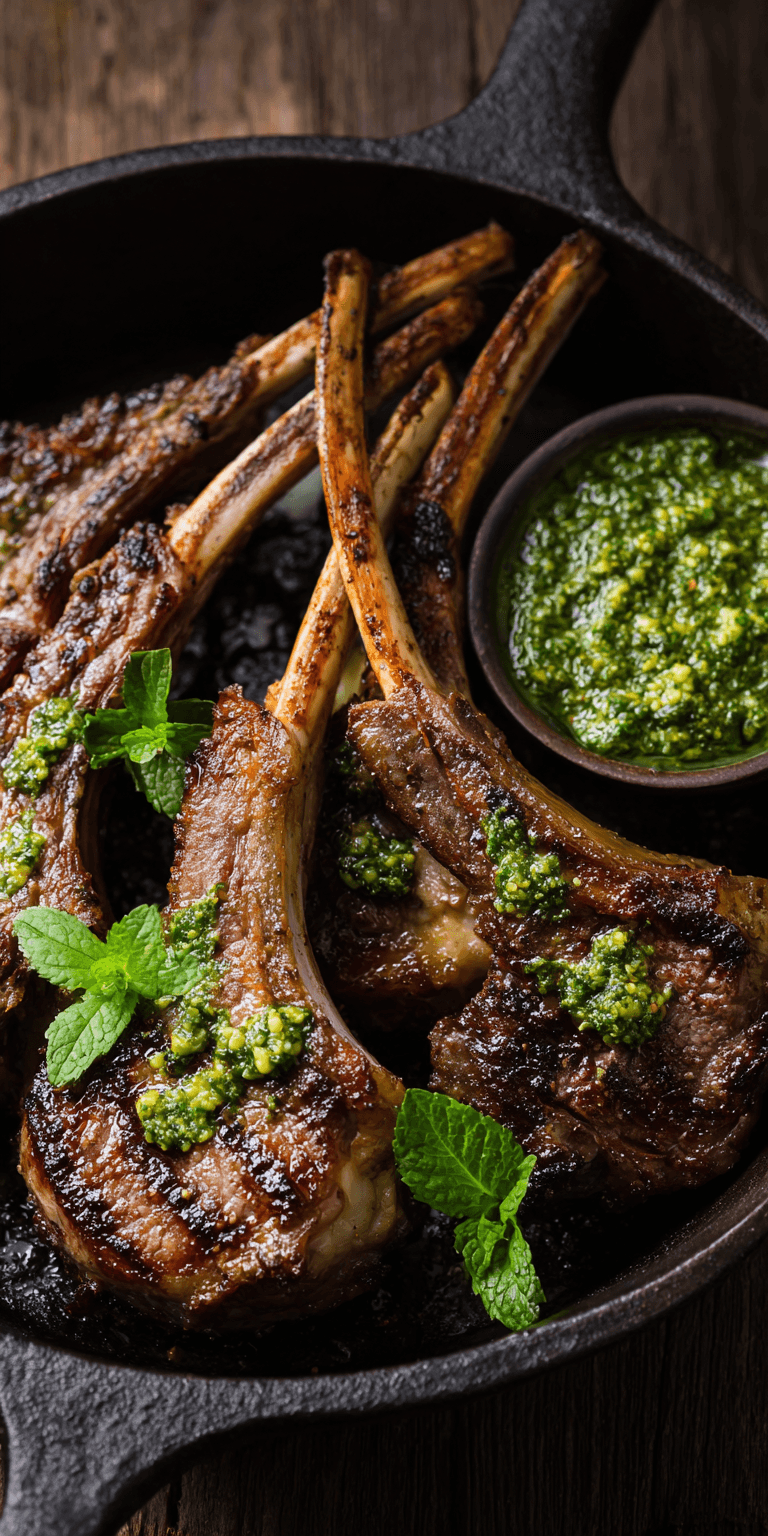 Grilled Lamb Chops with Mint Pesto served warm with cozy spices