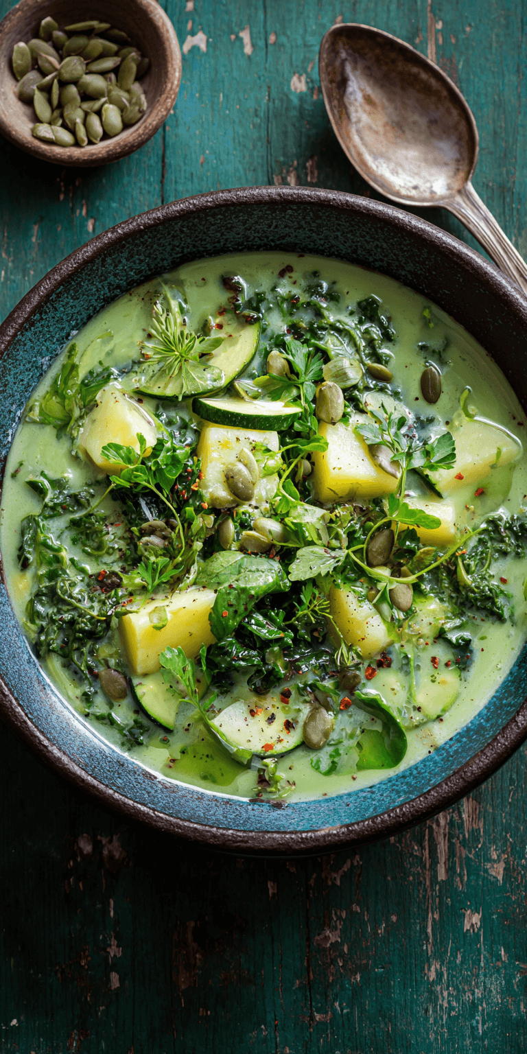 Healthy Green Goddess Soup served warm with cozy spices