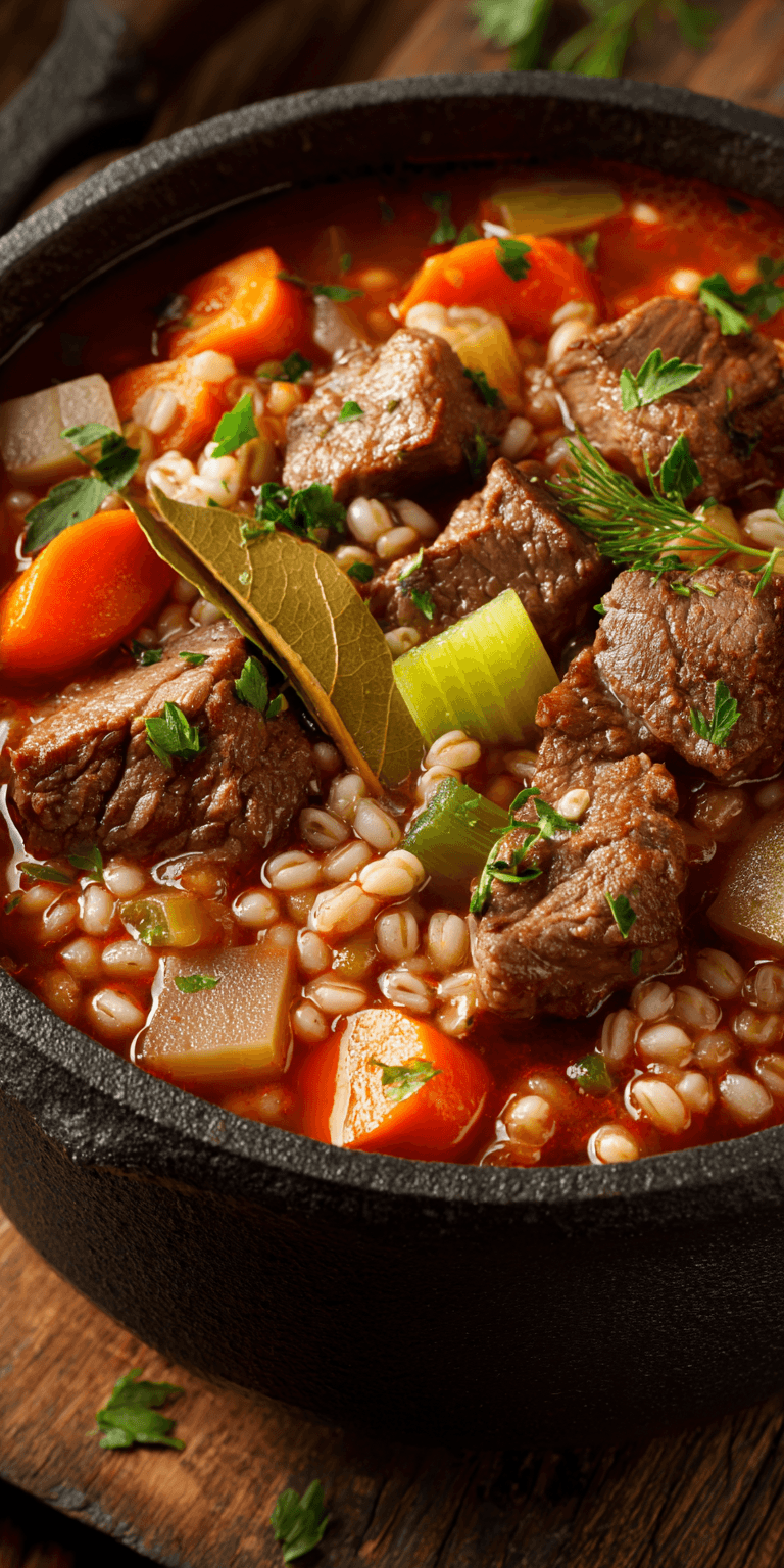 Hearty Beef & Barley Soup served warm with cozy spices