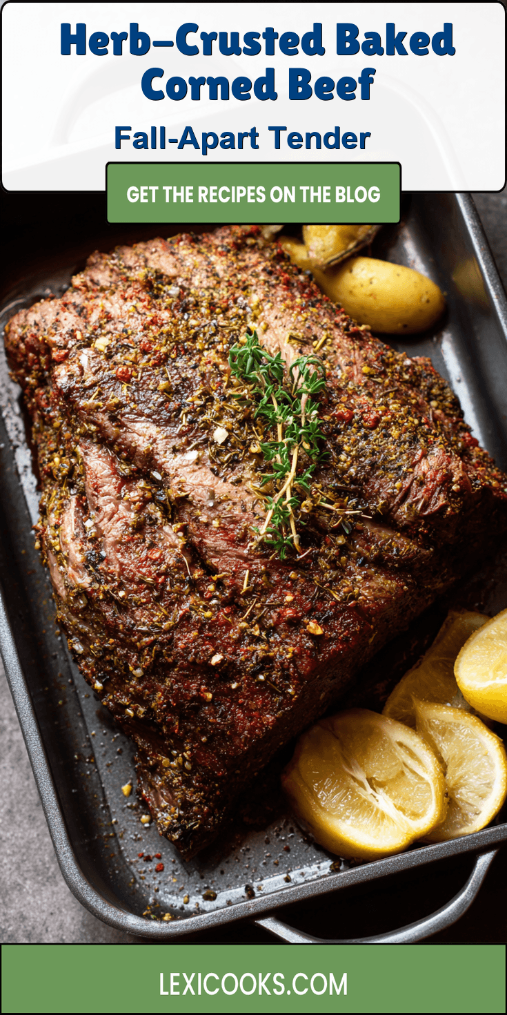 Herb-Crusted Baked Corned Beef served on a plate