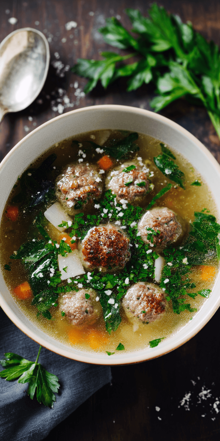Italian Wedding Soup with Beef Meatballs served warm with cozy spices