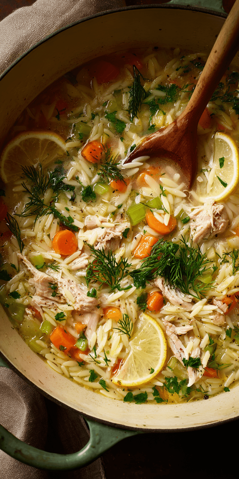 Lemon Chicken Orzo Soup served warm with cozy spices