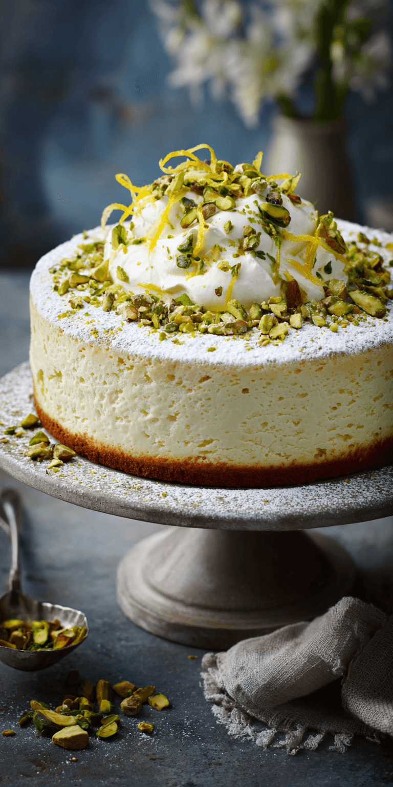 Lemon Pistachio Ricotta Cloud Cake served warm with cozy spices
