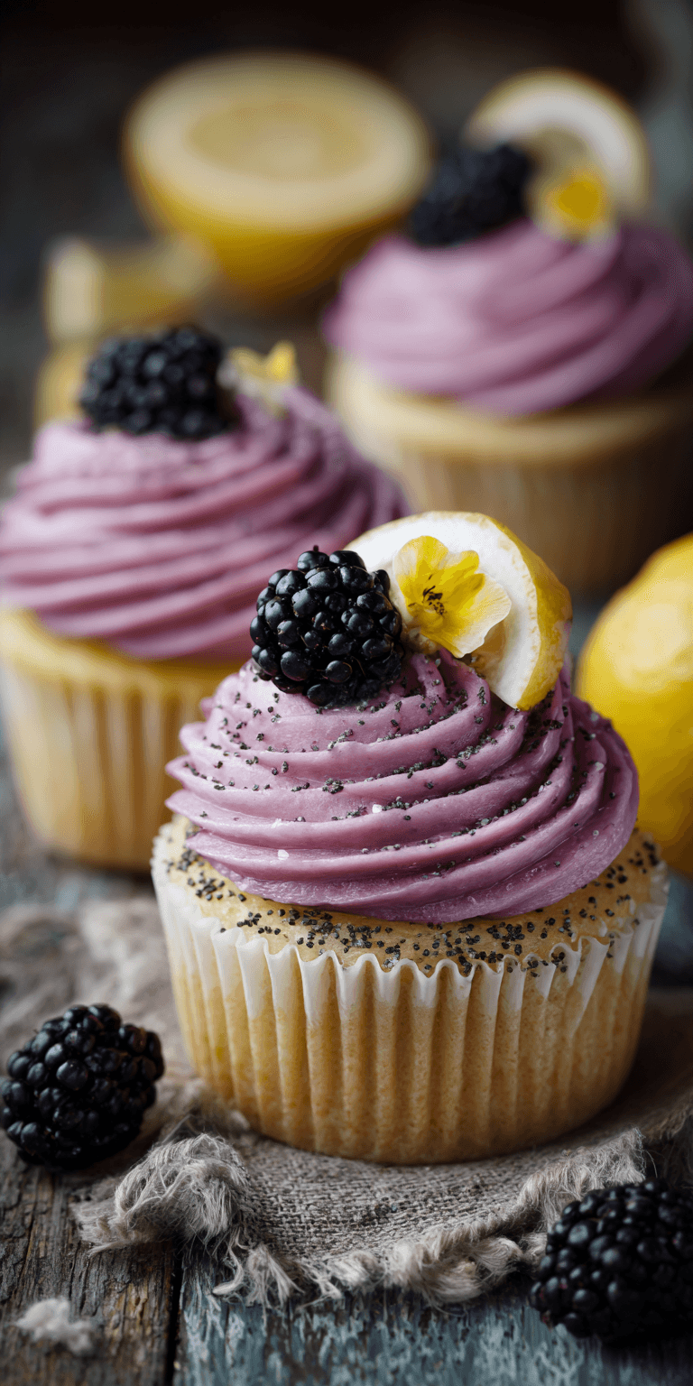 Lemon Poppy Seed Cupcakes Blackberry Frosting served warm with cozy spices