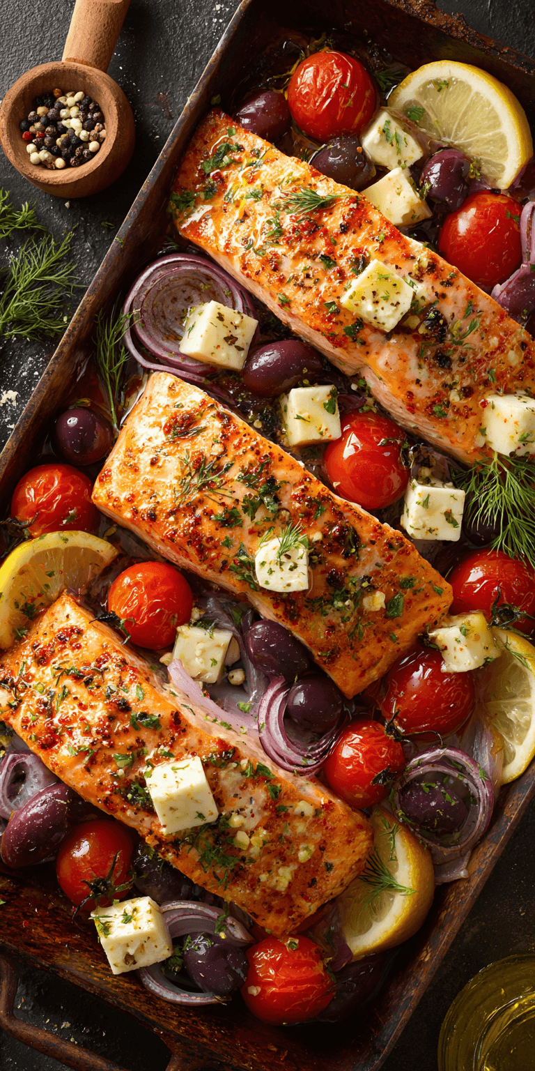 Mediterranean Baked Salmon with Feta served warm with cozy spices