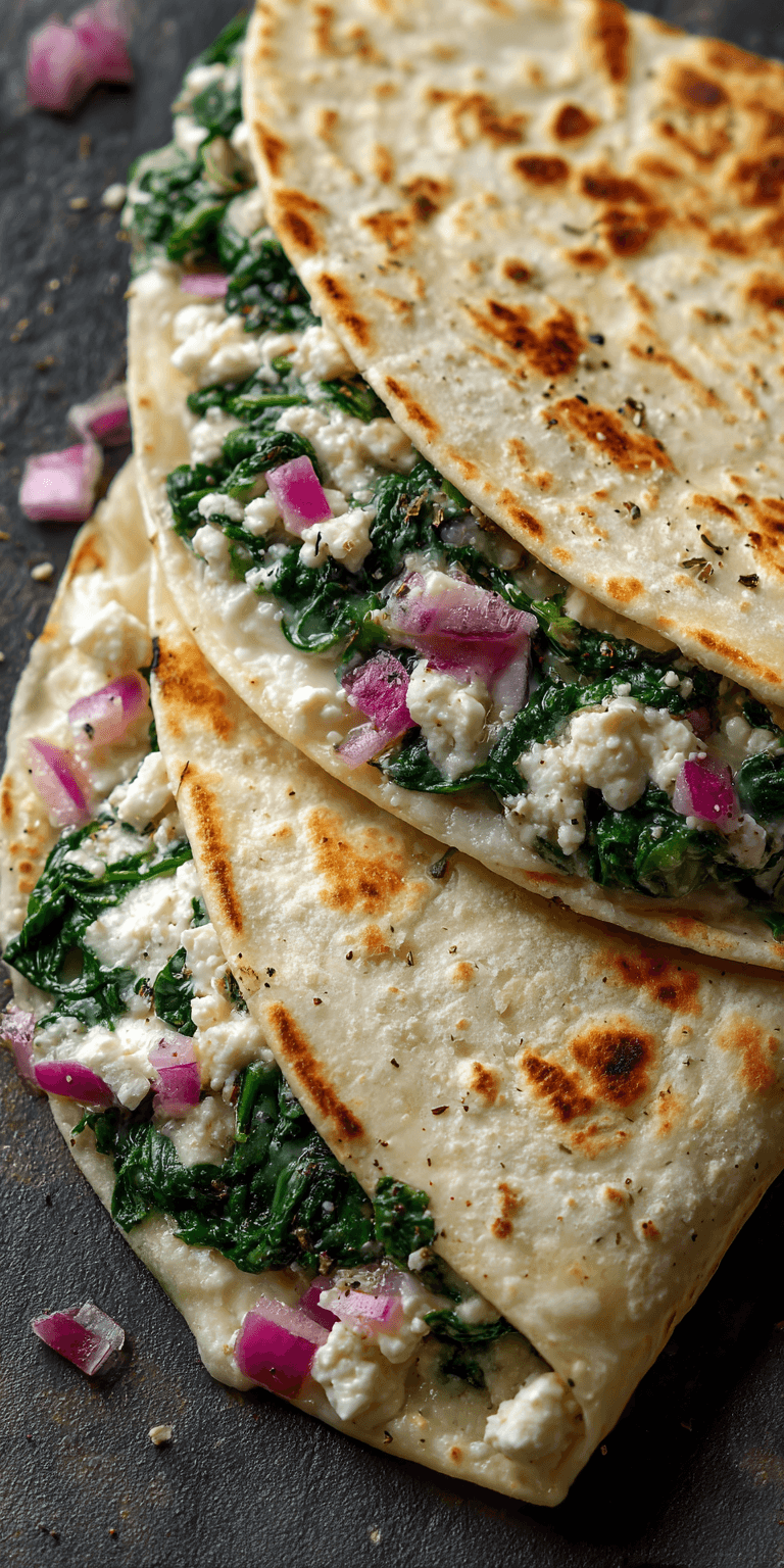 Mediterranean Quesadillas with Spinach, Feta, Mozzarella, and Red Onion served warm with cozy spices