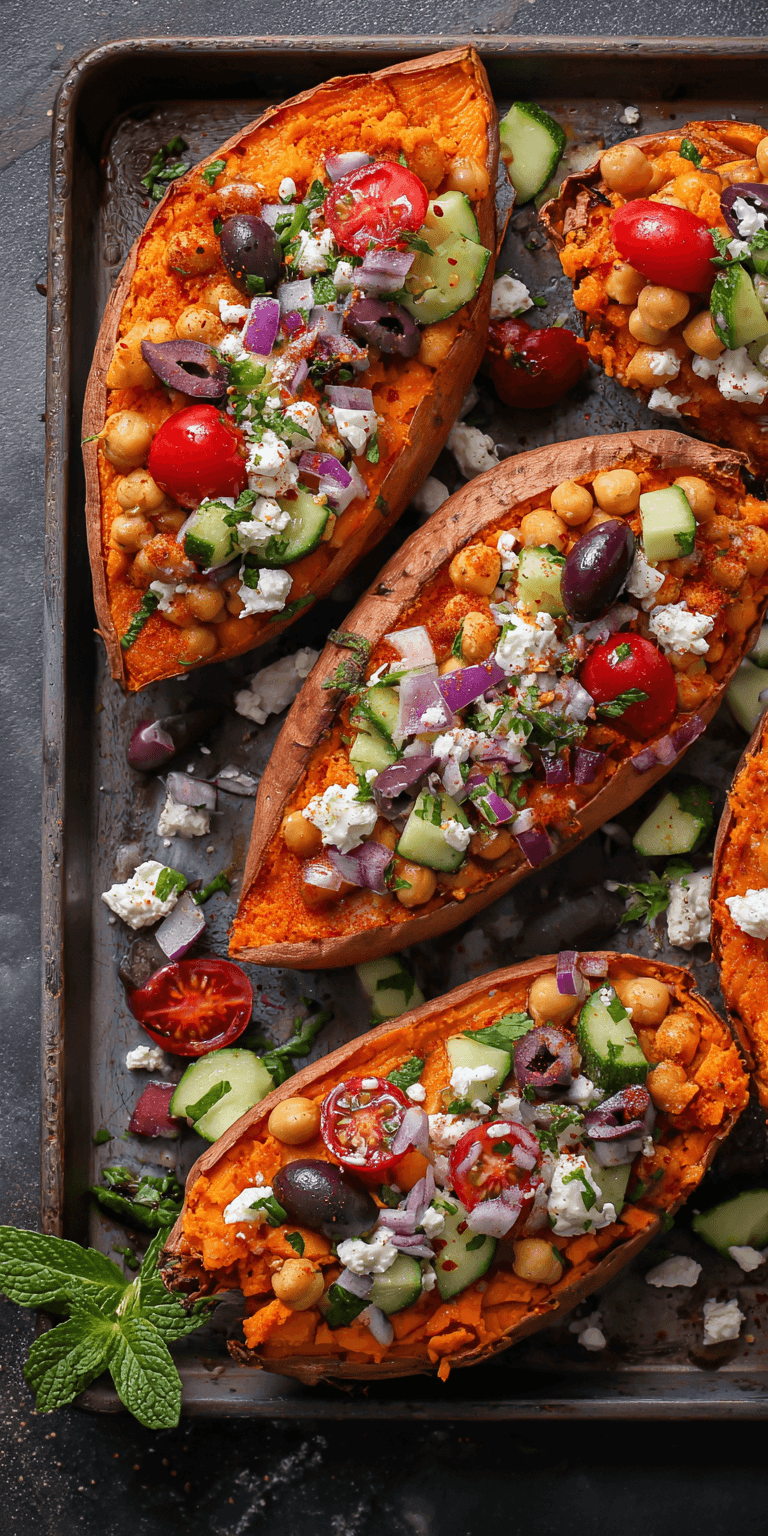 Mediterranean Stuffed Sweet Potatoes served warm with cozy spices
