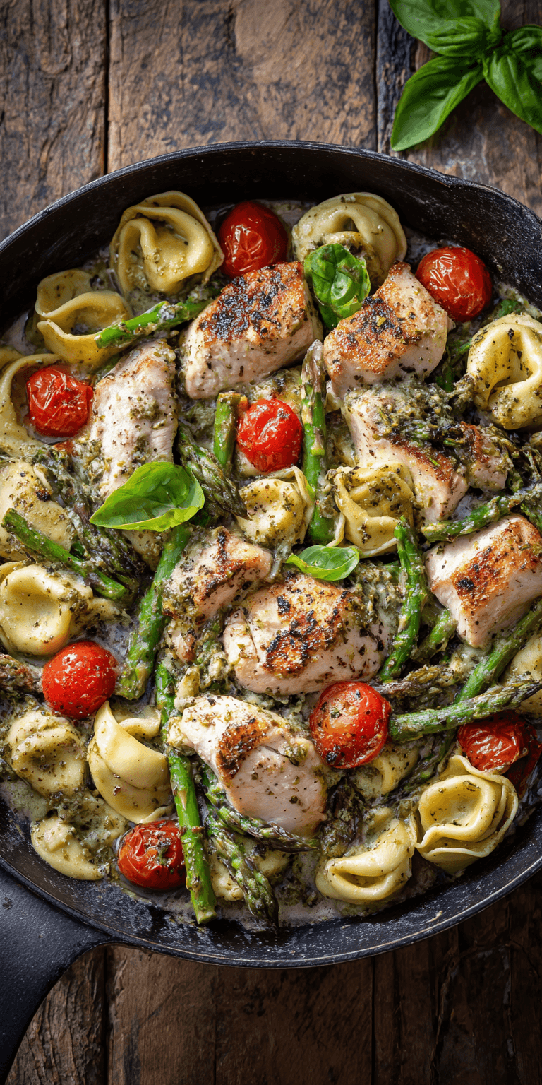 One-Pan Pesto Chicken, Tortellini, and Veggies, Asparagus, Tomatoes served warm with cozy spices