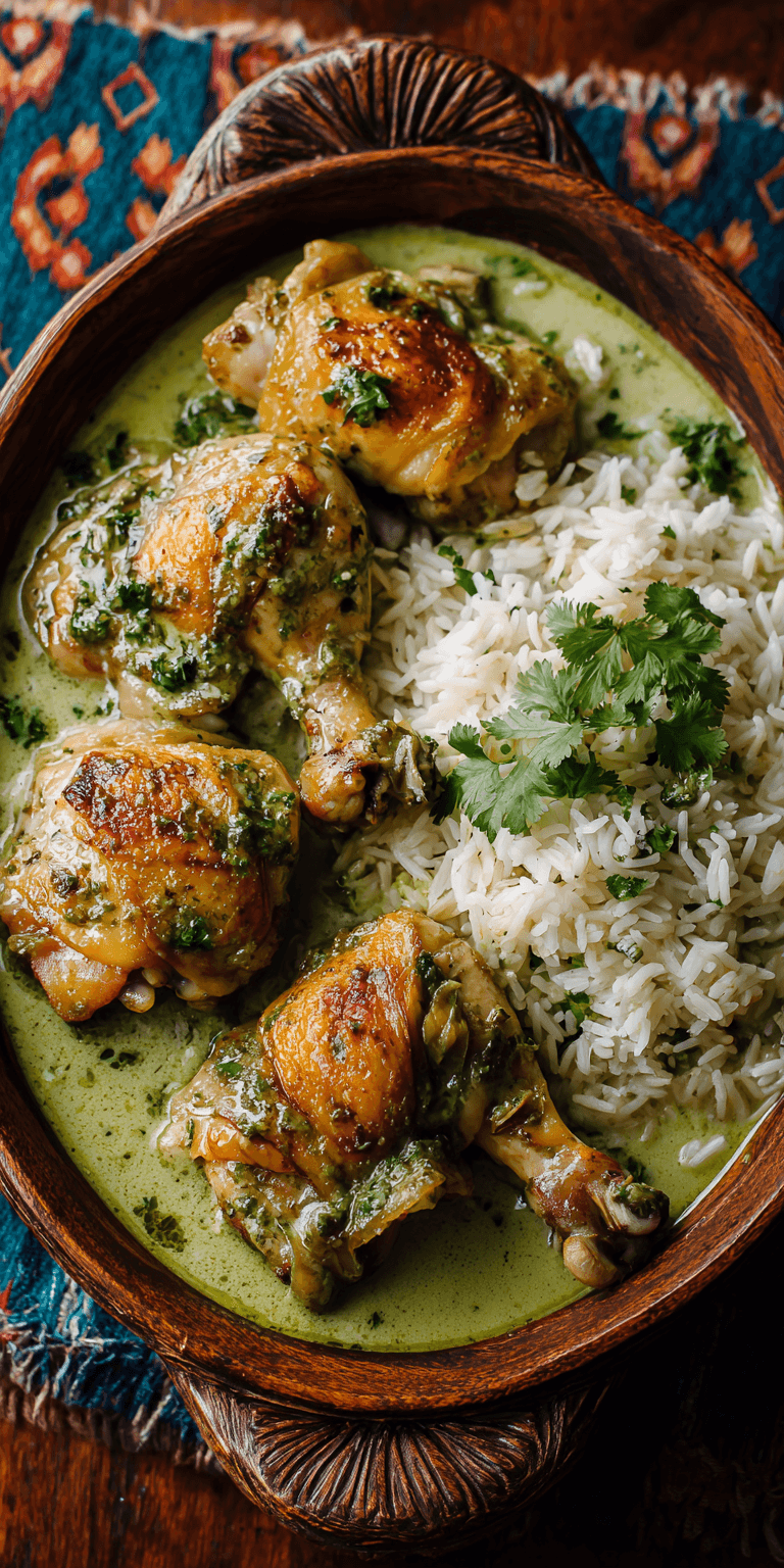 Peruvian Chicken and Rice with Green Sauce served warm with cozy spices