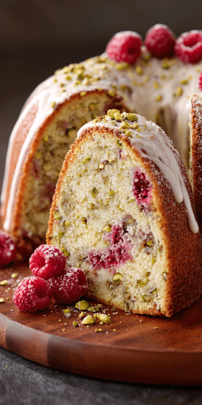 Raspberry Pistachio Cake served warm with cozy spices