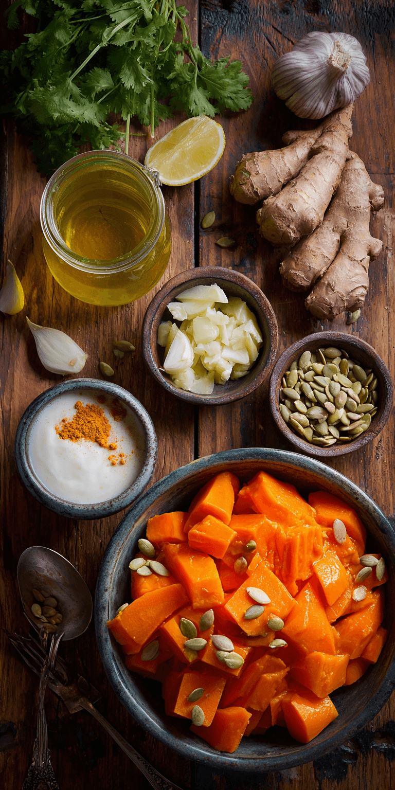 Roasted Carrot & Ginger Soup served warm with cozy spices