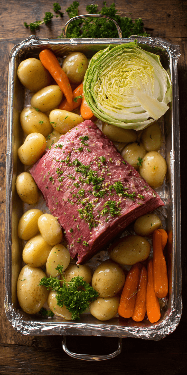 Sheet Pan Corned Beef & Cabbage served warm with cozy spices